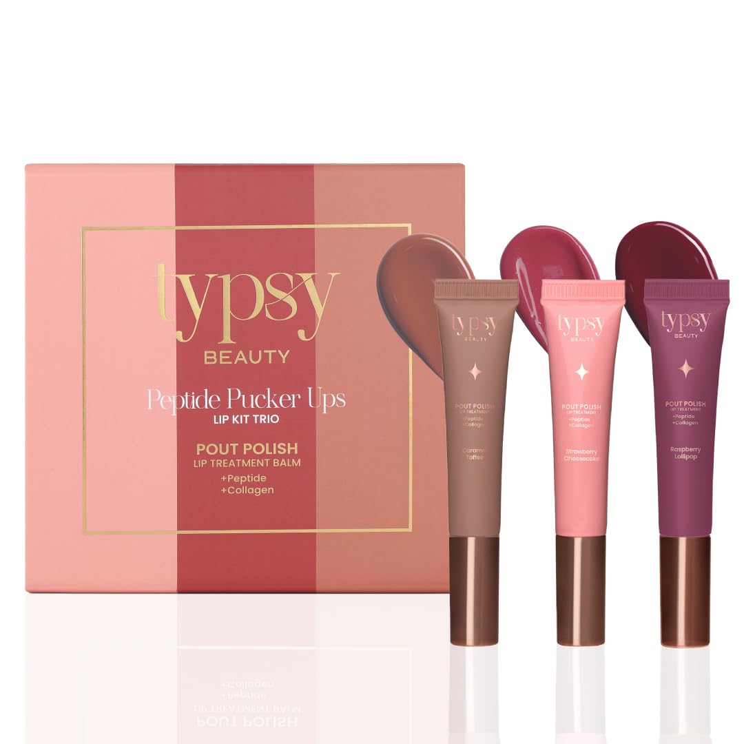 Typsy Beauty Pout & Polish Lip Balm Kit Trio | Hydrating with Peptides & Collagen | Deep Moisture with Cooling Metal Applicator | Strawberry Cheesecake, Raspberry & Caramel Toffee | 8ml