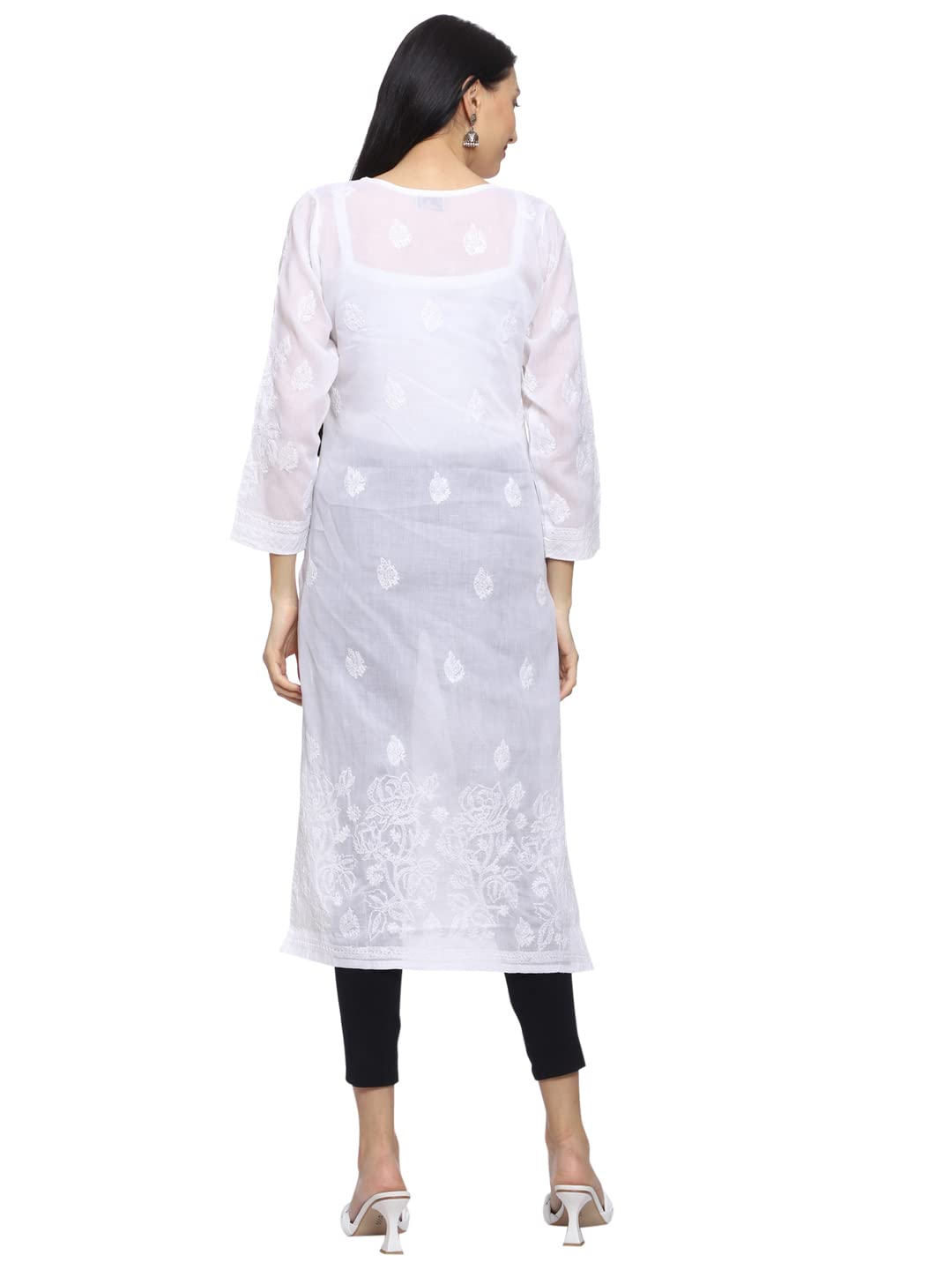 Ada Hand Embroidered Lucknowi Chikankari Straight Cotton Kurti Kurta for Women A220999 White 2XL
