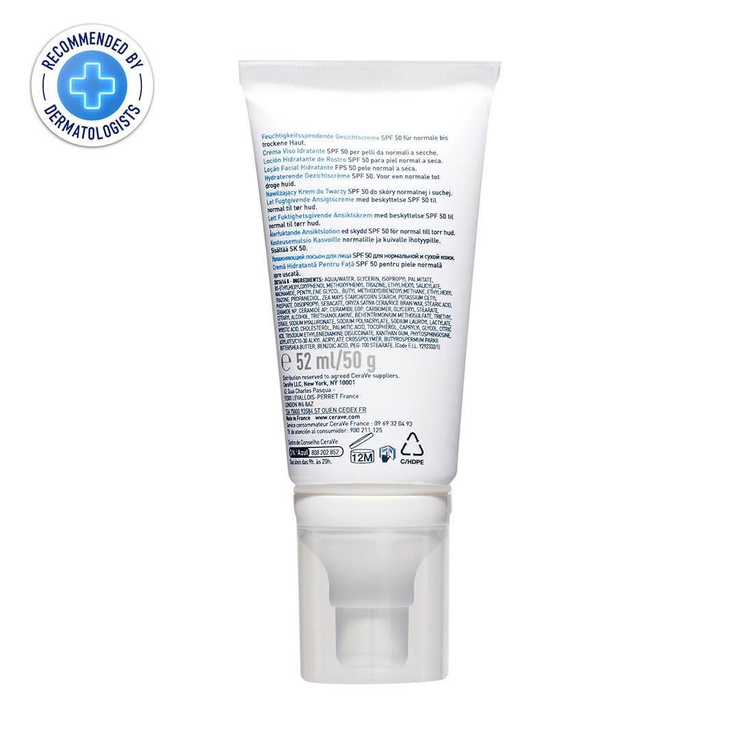 CeraVe AM Facial Moisturizing Lotion for Normal to Dry Skin (52 ml) with Broad Spectrum Sunscreen SPF 50, Enriched with Ceramides, Niacinamide & Hyaluronic acid