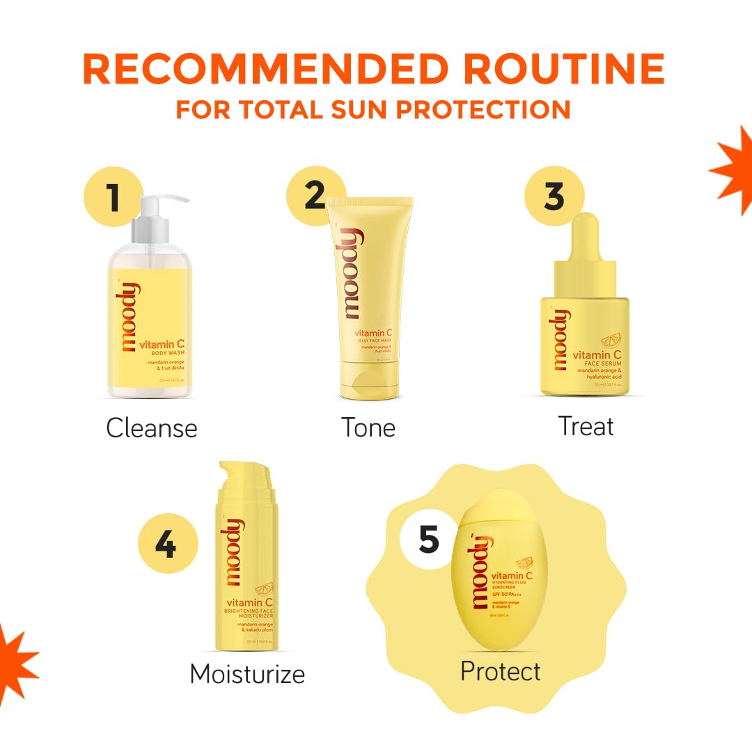 Moody SPF 50 PA+++ Vitamin C Sunscreen with UVA, UVB & Blue Light Protection for Glowing Skin| Long Lasting Hydration Lightweight | Non-Greasy, Quick-Absorbing | Zero White Cast | For Women & Men | 50 ml