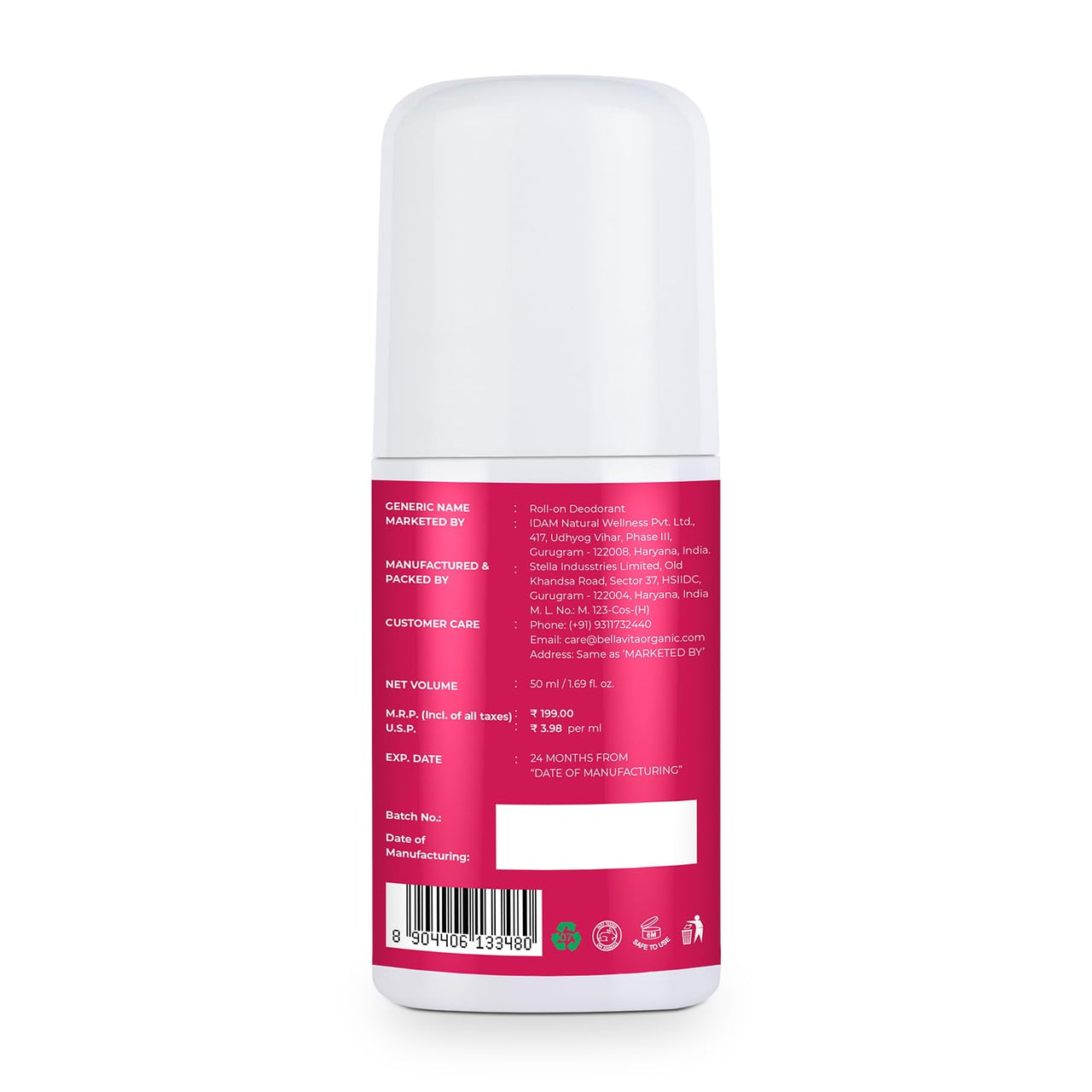 BELLAVITA Deo White Natural Underarm Roll On Deodorant for Women |Control Odour|Alcohol-Free| Antiperspirant for Long Lasting Freshness, 50ml Each (Pack of 2)
