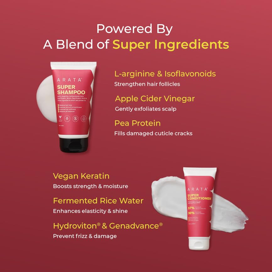 Arata Essential Care Super Duo Travel Pack | Super Shampoo & Conditioner | Reduces Hair Fall, Adds Shine, Volumizes | With Keratin, Biotin & Argan Oil | Paraben & Sulphate Free | 200ML
