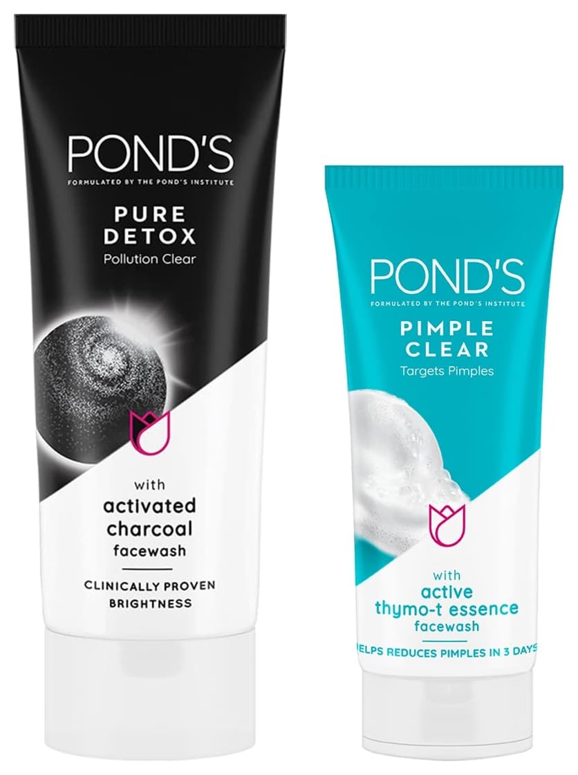 POND's Pure Detox Face Wash 200 g, Daily Exfoliating & Brightening Cleanser, Deep Cleans Oily Skin - With Activated Charcoal for Fresh, Glowing Skin&POND's Pimple Clear & Germ Removal Facewash 100 g