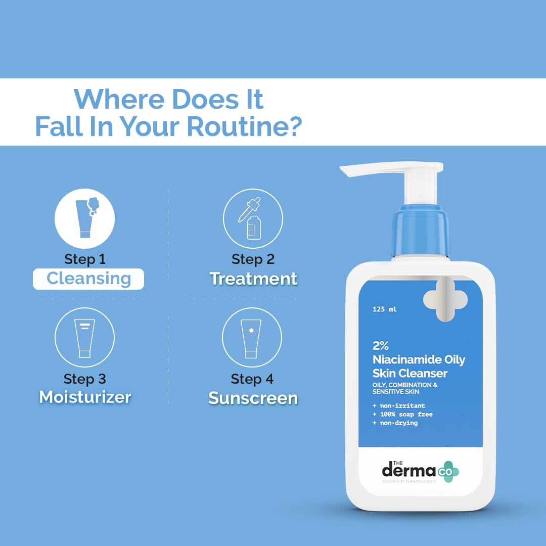 The Derma Co 2% Niacinamide Oily Skin Cleanser for Sensitive, Oily & Combination Skin 125 ml Non-Irritant | 100% Soap-Free | Non-Drying | Gently Cleanses Makeup | With 0.1% ww Salicylic Acid