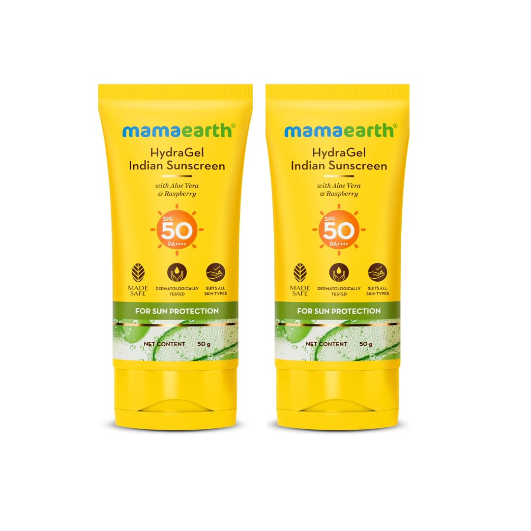 Mamaearth Hydragel Indian Sunscreen With Aloe Vera And Raspberry For Sun Protection | SPF 50 & PA++++ Protection | Shields From UVA & UVB Rays | Tan Protection All Skin | Non-Sticky&Light | 50 G X 2