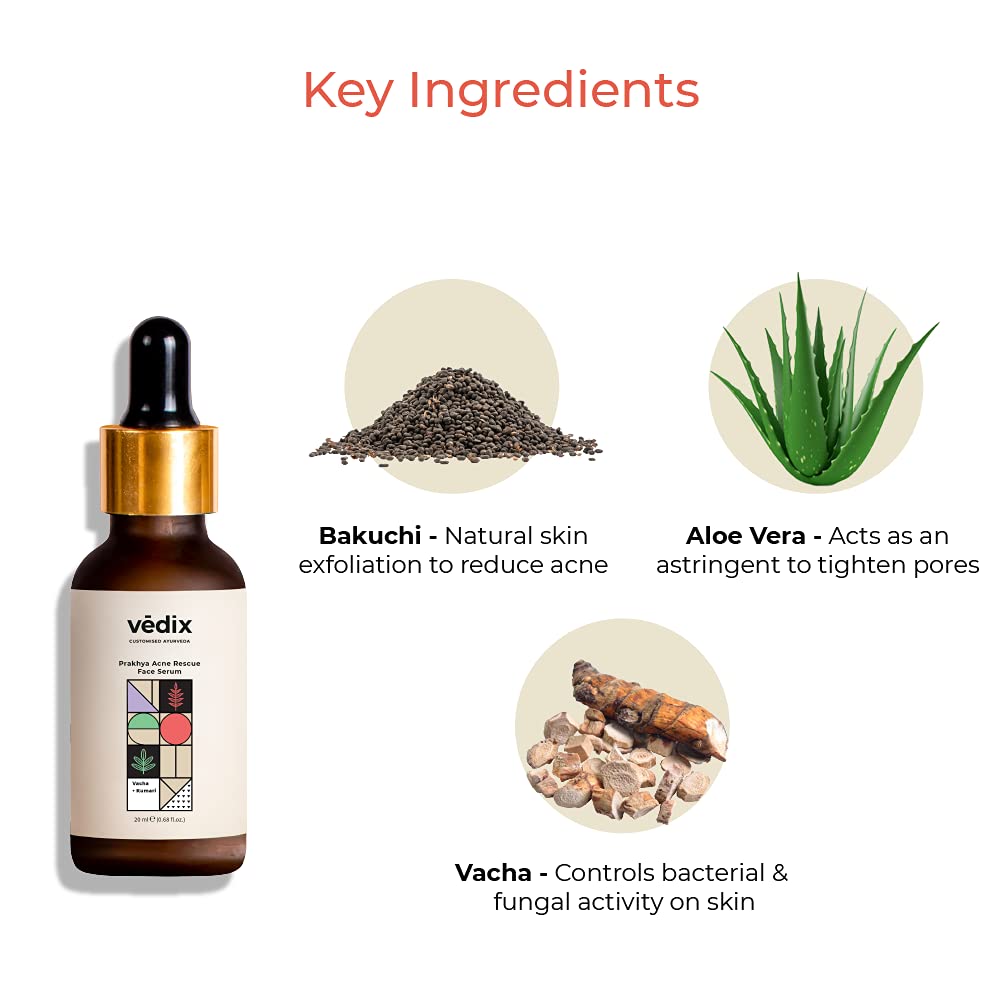Vedix Face Serum, Customised Ayurvedic Prakhya Acne Rescue Face Serum for Acne Prone Skin With Aloe Vera + Vacha + Bakuchi - 20 ml
