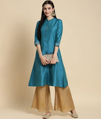 rangita Women Solid Embroidered Calf Length A Line Kurti with Sleeves Tabs