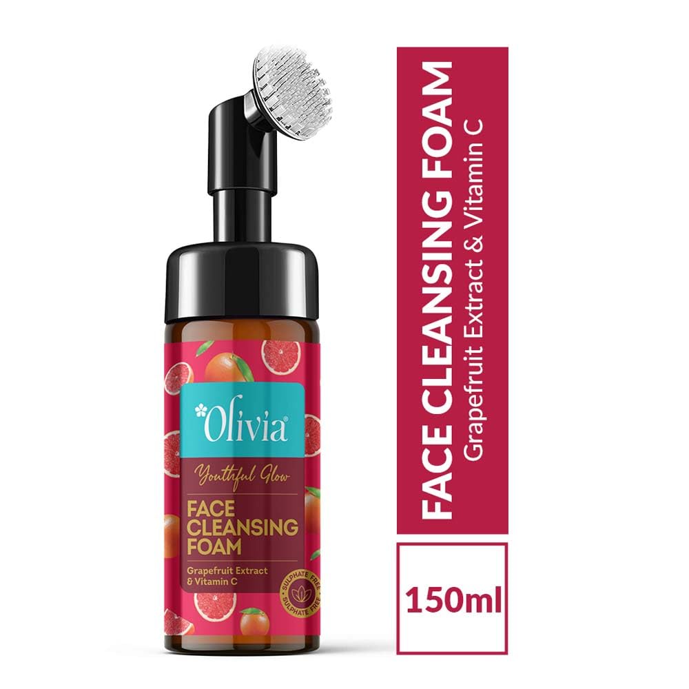 Olivia Youthful Glow Face Cleansing Foam, Built In Brush Face Wash For Deep Cleansing, Massage, Exfoliate, Glowing Bright Skin With Grapefruit Extract & Vitamin C - 150Ml