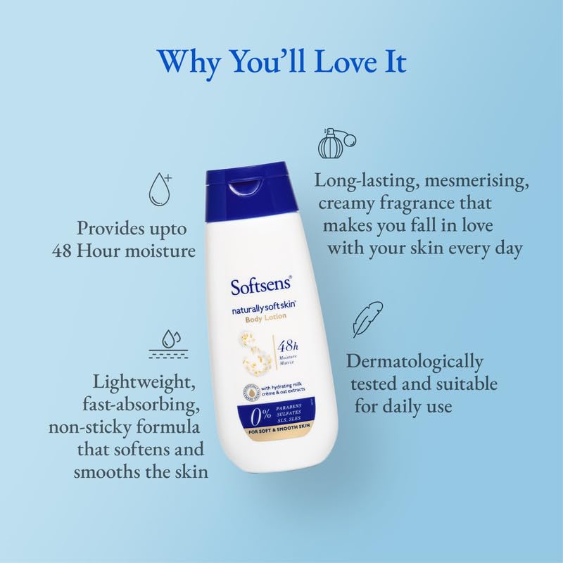 Softsens Naturally Soft Skin Body Lotion With Hydrating Milk Creme & Oats Extract | 48H Moisturization | Parabens, Sulfates, SLS, SLES Free 200ml