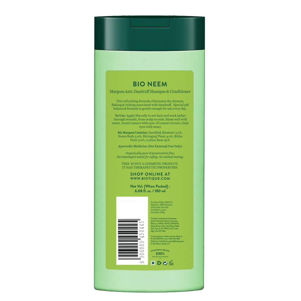 Biotique Fresh Neem Anti Dandruff Shampoo and Conditioner | Controls Dandruff | Eliminates Dryness, Flaking, and Itching | Hair Looks Fresh and Lustrous |Suitable for All Skin Types | 180ml