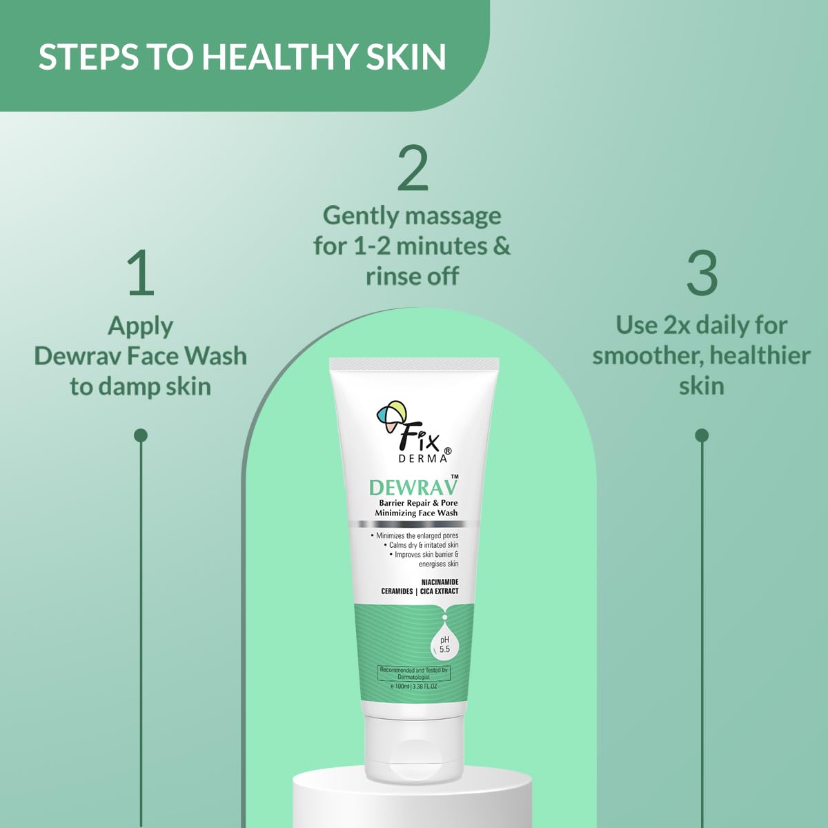 Fixderma Dewrav Barrier Repair & Pore Minimizing with 2% Niacinamide Face Wash | Cica Extract & Ceramide Improves Skin Barrier & Soothes Irritated Skin | For Normal, Dry & Sensitive Skin | 100Ml