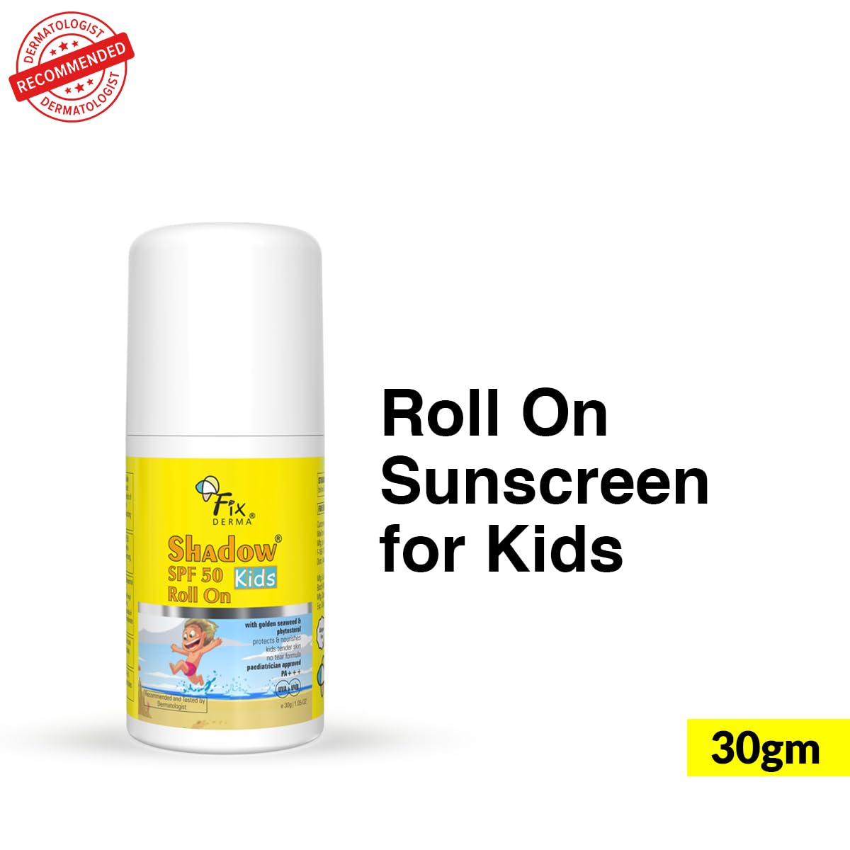 FIXDERMA Shadow SPF 50 Kids Roll On Sunscreen With Golden Seaweed & Phytosterol, PA+++, UVA & UVB Protection, 30Gm - Combination