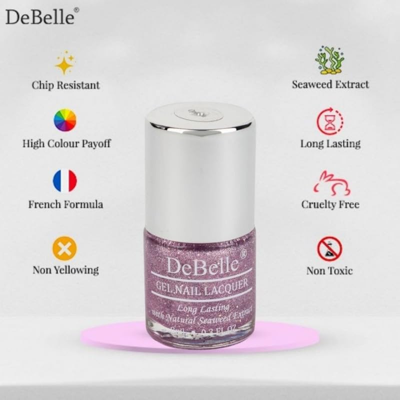DeBelle Gel Nail Polish Ophelia (Lavender with Holo Glitter Sugar Finish Nail Paint)|Non UV - Gel Finish |Chip Resistant | Seaweed Enriched Formula| Long Lasting|Cruelty and Toxic Free| 8ml