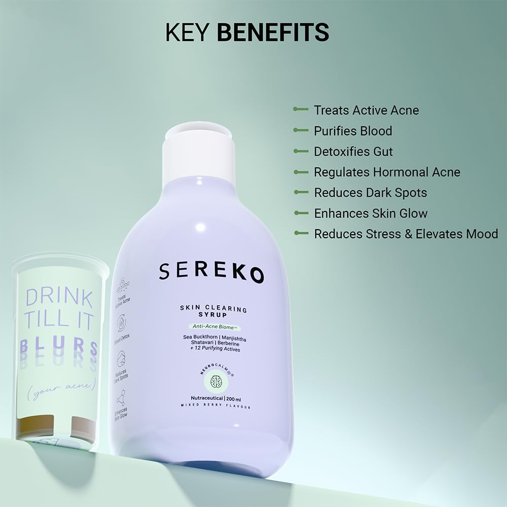 Sereko Skin Clearing Syrup | Sea Buckthorn,Manjishtha,Shatavri & Berberine + 12 Purifying Actives | Blood Purifier,Acne & Pimple Control | Enhances Skin Glow | Mixed Berry Flavour- 200 ML Pack of 1