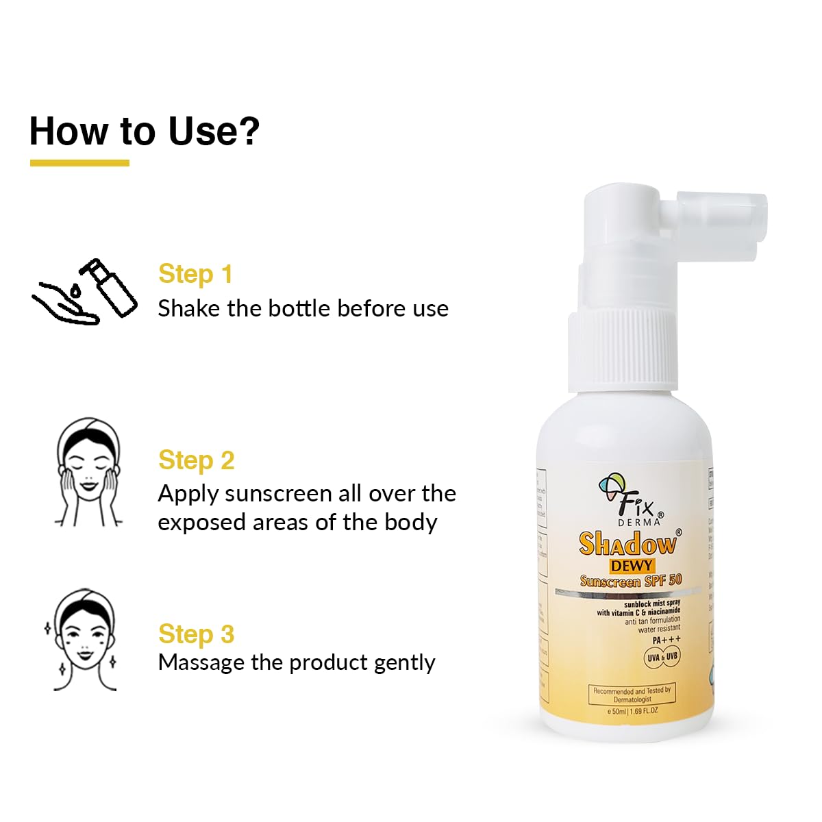 FIXDERMA Shadow Dewy Sunscreen Spf 50 Spray Pa+++, Prevents Tanning, Vitamin C Sunscreen And Niacinamide Sunscreen, Sun Screen Protector Spf 50, Pa+++ For Uva & Uvb Protection - 50Ml - All