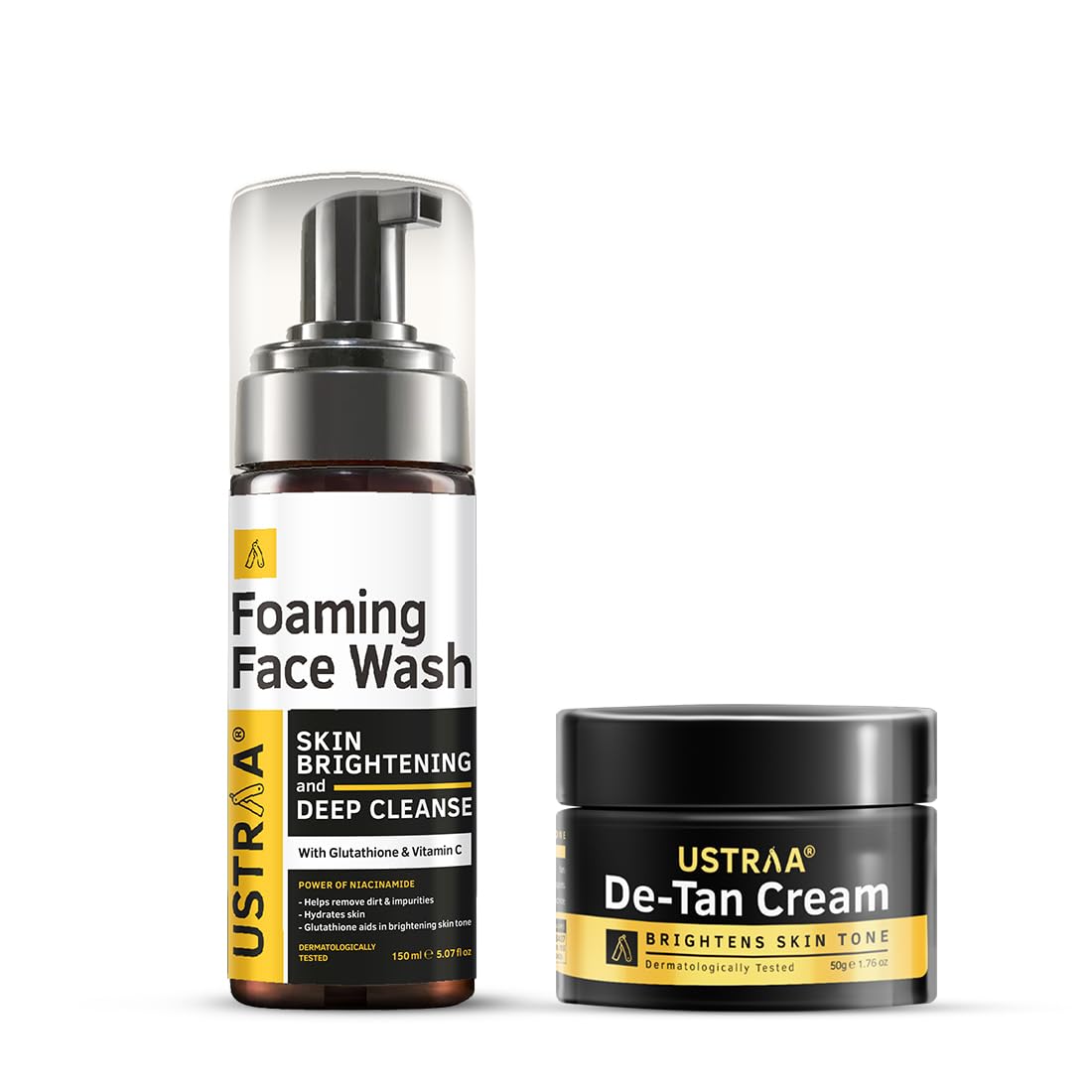 Ustraa Bright Skin Routine Combo - Foaming Face Wash - For Skin Brightening - 150 ml | Helps Prevent Blackheads | NO SLS & De-Tan Cream 50g - For Tan removal | With Japanese Yuzu | Prevents Dark Spots