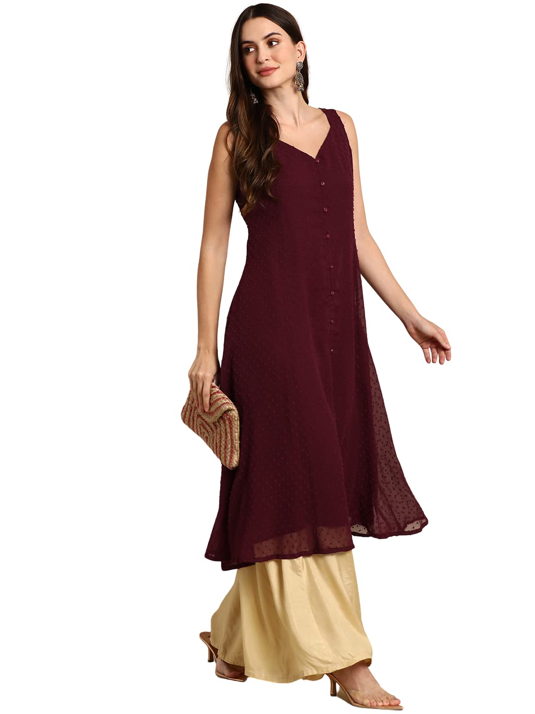 Janasya Women's  Wine Poly Chiffon Kurta