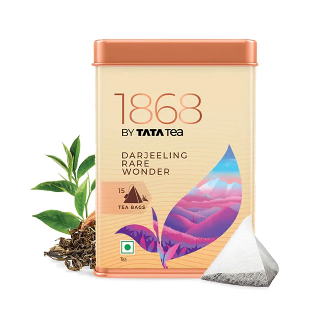 1868 by TATA Tea Darjeeling Rare Wonder Pyramid Tea Bags (15 Count), Pure Darjeeling Black Tea, Hand Rolled, Second Flush, Muscatel Flavour, From House of TATA