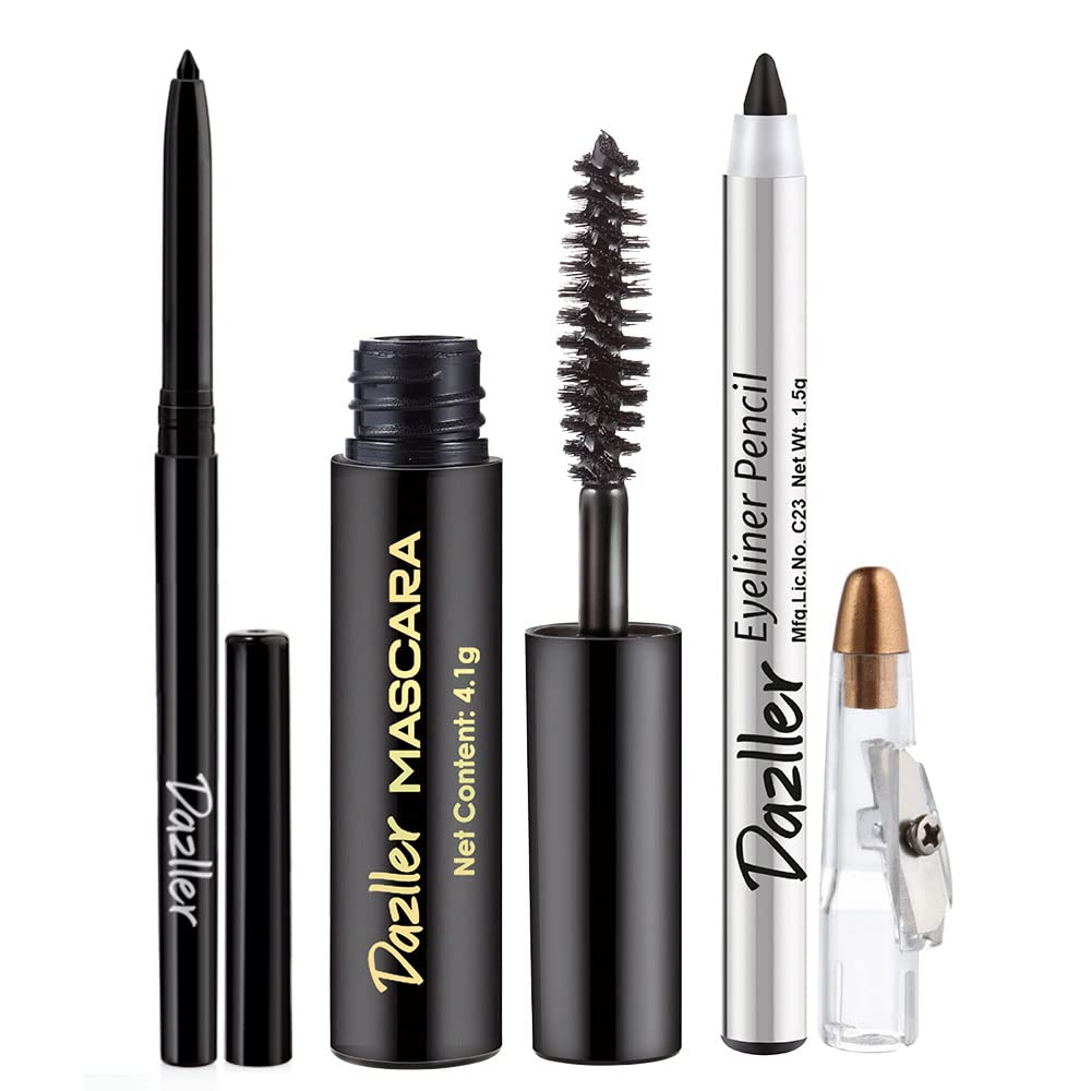 Dazller College Makeup Essentials 3 - All Nighter Trio|Kajal|Mascara|Eyeliner|Water-Resistant|Smudge-proof|Starter Makeup Kit for Women|5.95g