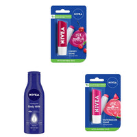NIVEA Fruity Cherry Shine & Watermelon Shine Lip Balms, 4.8g Each & NIVEA Body Lotion for Very Dry Skin, 200 ml