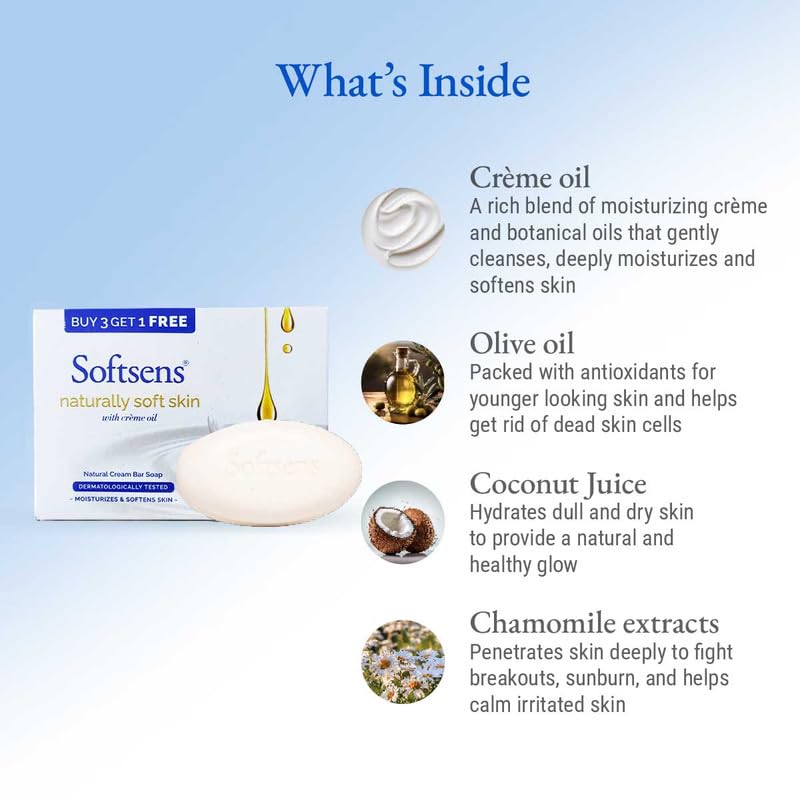 Softsens Naturally Soft Skin Cream Bar Soap I Enriched with Natural Creme Oil I Dermatologically Tested & Parben Free(100g x 4)