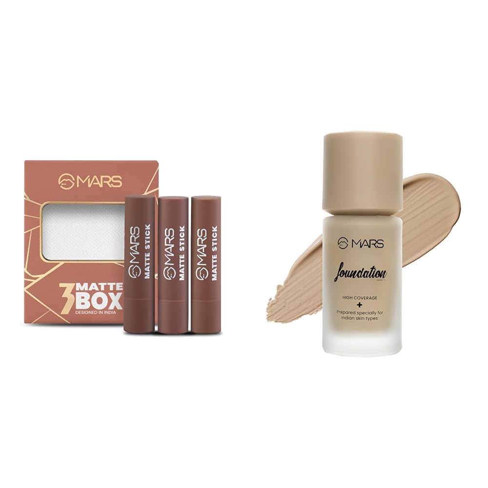 MARS Matte Box Set of 3 Lipsticks for Women (3x3.2 gm) (04-Brown) High Coverage Liquid Matte Foundation | Blemish Free & Blendable Foundation For Makeup (40Ml) (Shade-04, All)