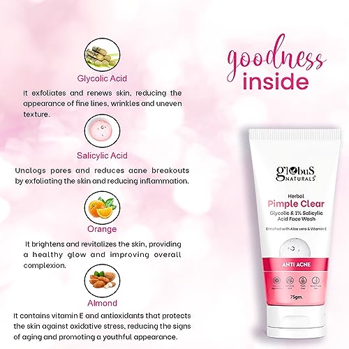 Globus Naturals Herbal Pimple Clear Glycolic & 1% Salicylic Acid Face Wash, Enriched With Orange & Almond, For Oily & Acne Prone Skin, 75 gm (Pack of 2)