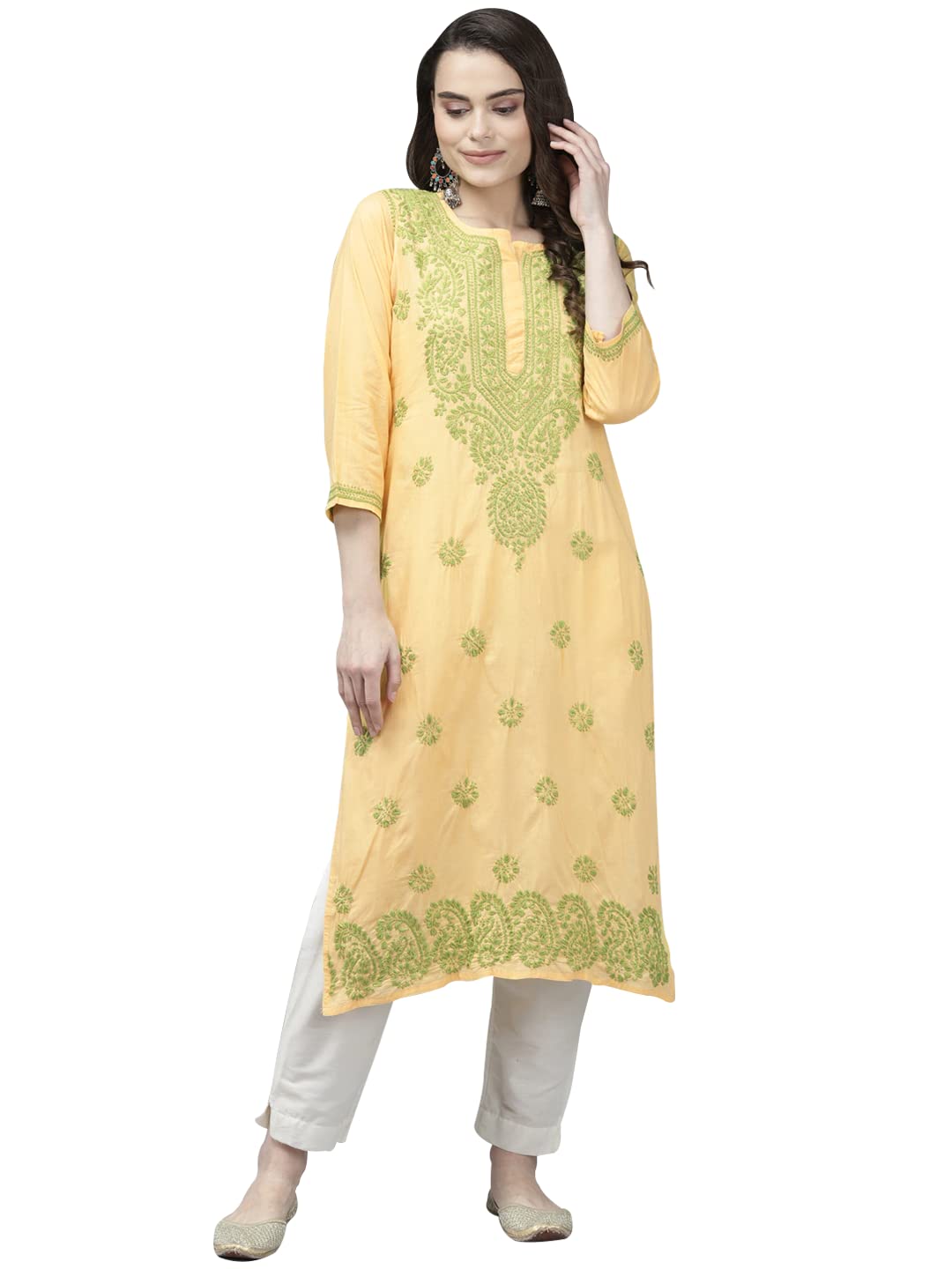 Ada Lucknowi Hand Embroidered Chikankari Straight Cotton Kurti Kurta for Women