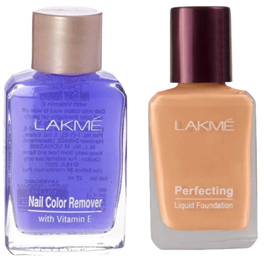 Lakmé Nail Color Remover, 27ml & Lakmé Perfecting Liquid Foundation, Shell, Waterproof Full Coverage Long Lasting - Light Oil Free Face Makeup with Vitamin E, Dewy Finish Glow, 27 ml