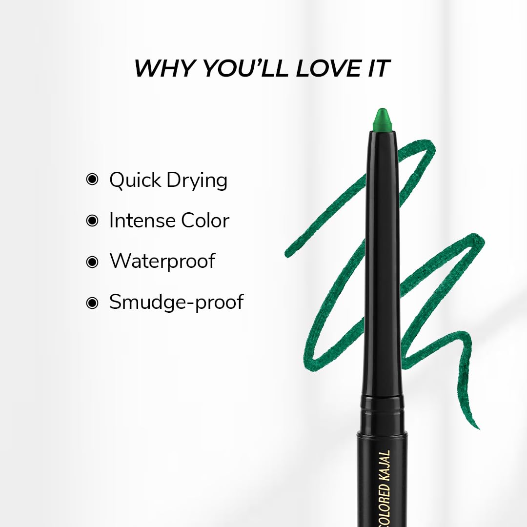 LoveChild Masaba Colored Kajal, Spicy Shimla (Green)- Intense Color, Smooth Glide, Waterproof, Smudge-Proof Eye Pencil with Almond Oil, 0.3 g