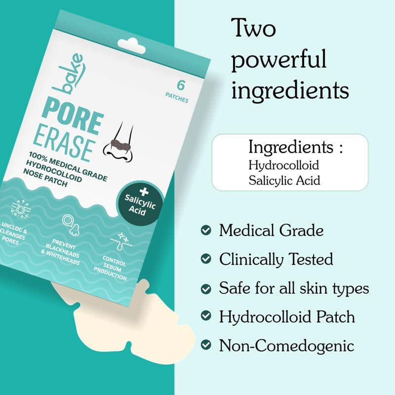 BAKE 2% Salicylic Acid Nose Strips for Pore Cleansing & Blackheads Removal | Hydrocolloid Nose Strips for Control Sebum Production (6 Strips)