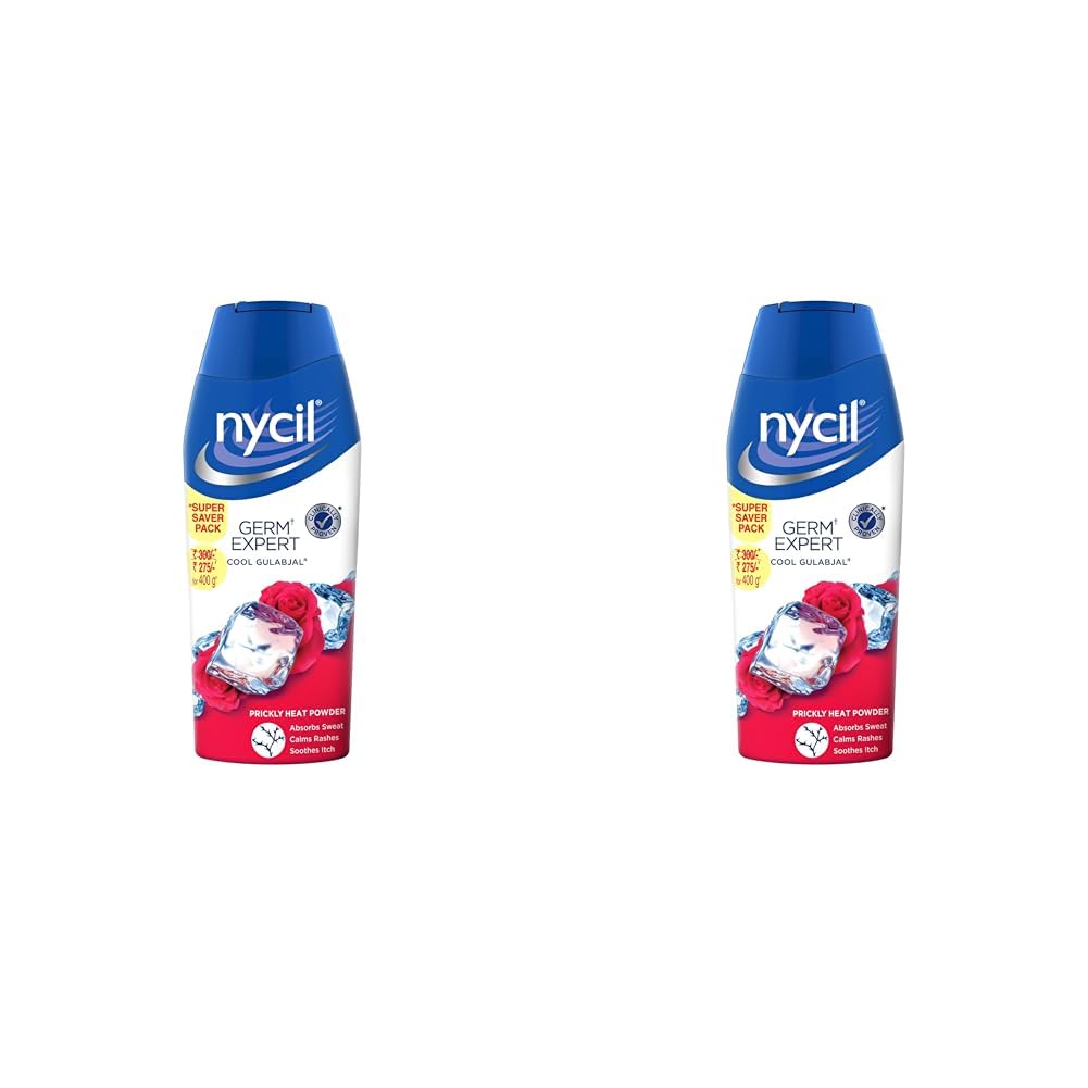 Nycil Germ Expert Cool Gulabjal Prickly Heat and Cooling Powder - 400 g | Get Relief from Skin Problems (Pack of 2)