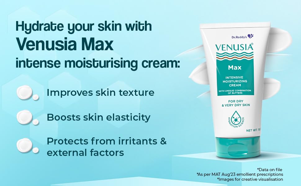 Dr. Reddy's Venusia Max Intensive Moisturizing Cream | Dermatologist Recommended for Dry to Very Dry Skin | Clinically proven for up to 24 hrs. Moisturization | For Face & Body | Cocoa Butter, Mango Butter & Aloe Butter | 150 g