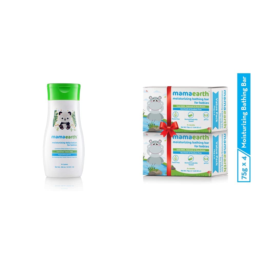 Mamaearth Daily Moisturizing Lotion For Babies (200 Ml) And Mamaearth Bathing Bar For Babies - Pack Of 4
