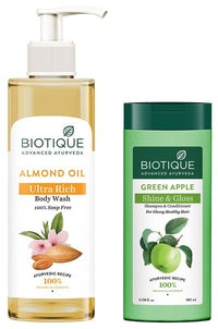 Biotique Bio Green Apple Fresh Daily Purifying Shampoo and Conditioner for Oily Scalp and Hair, 180m And Almond Oil Ultra Rich Body Wash, Botanical Extracts, 200 ml