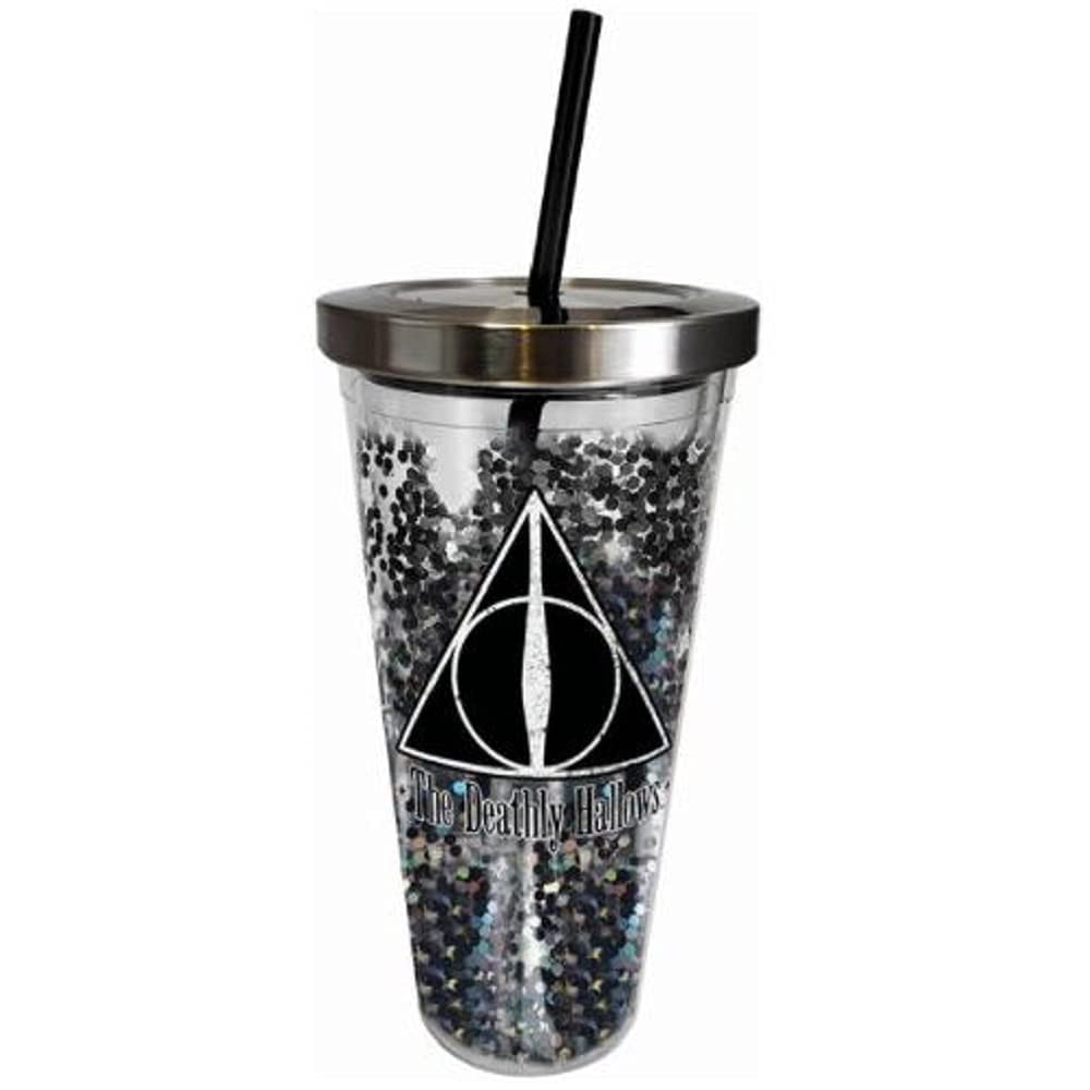 Spoontiques - Harry Potter Tumbler - Deathly Hallows Glitter Cup with Straw - 20 oz - Acrylic - Black