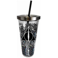 Spoontiques - Harry Potter Tumbler - Deathly Hallows Glitter Cup with Straw - 20 oz - Acrylic - Black
