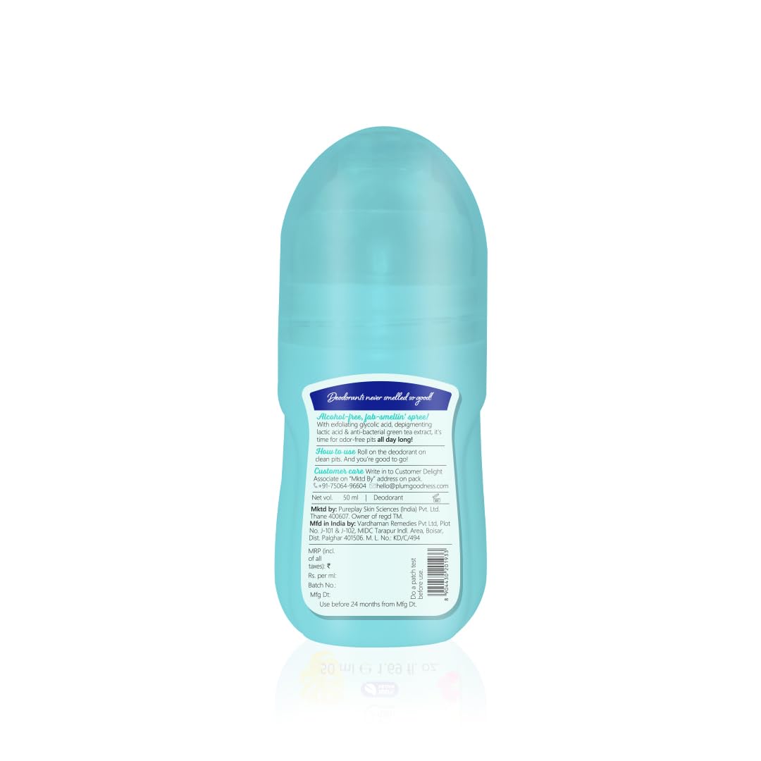 Plum BodyLovin' Hawaiian Rumba Deodorant Roll On | 4% Lactic Acid & 1% Glycolic Acid | Controls Odor & Fades Underarm Darkness | 48 Hr Freshness | Fresh Beachy Fragrance | Aluminium-Free (50 ml)