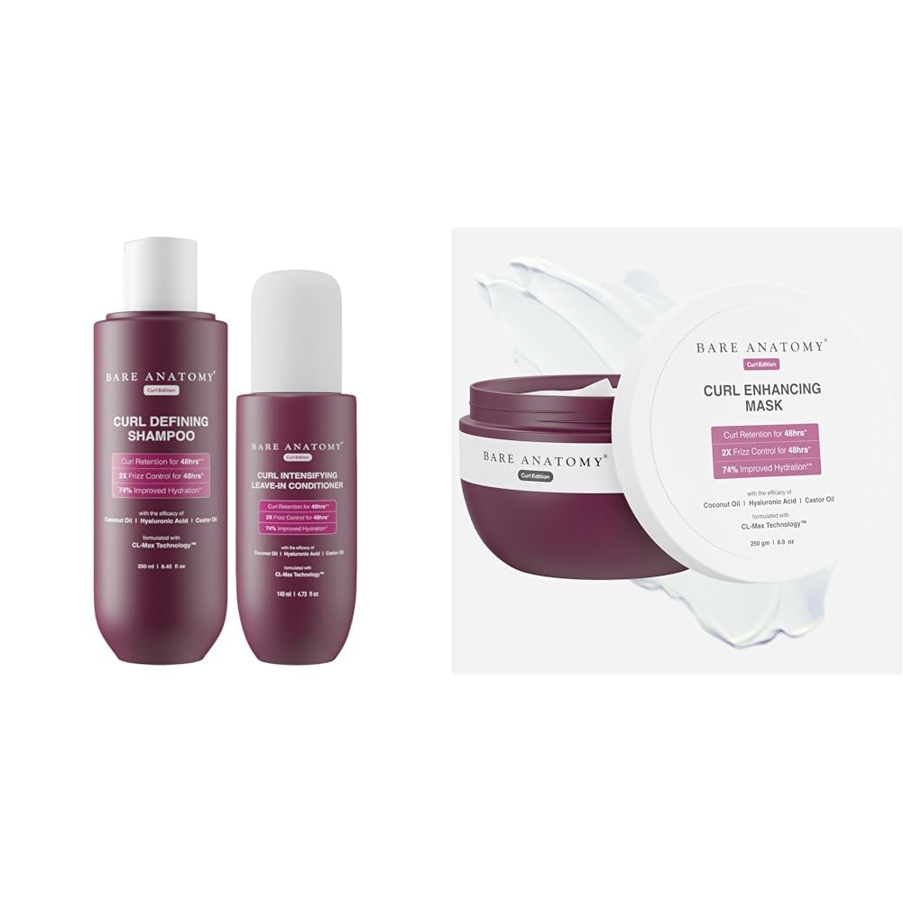 Bare Anatomy Curl Defining Shampoo + Curl Intensifying Leave In Conditioner Cream |Women & Men | 250 ml + 140ml Curl Enhancing Hair Mask Sulphate & Paraben Free | 250g