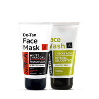 Ustraa Face Wash - Oily Skin - 100g | With Basil & Key Lime - For Acne-Prone Skin | Checks Blackheads & De-Tan Face Mask Oily Skin - 125g | Effective Tan Removal | White Charcoal & French Clay