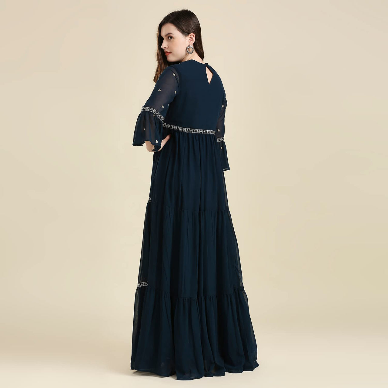 madhuram Women and Girls Fox Georgette Boat Neck with 3/4 Sleeve and Sequence Embroidery Lace Work Anarkali Gown