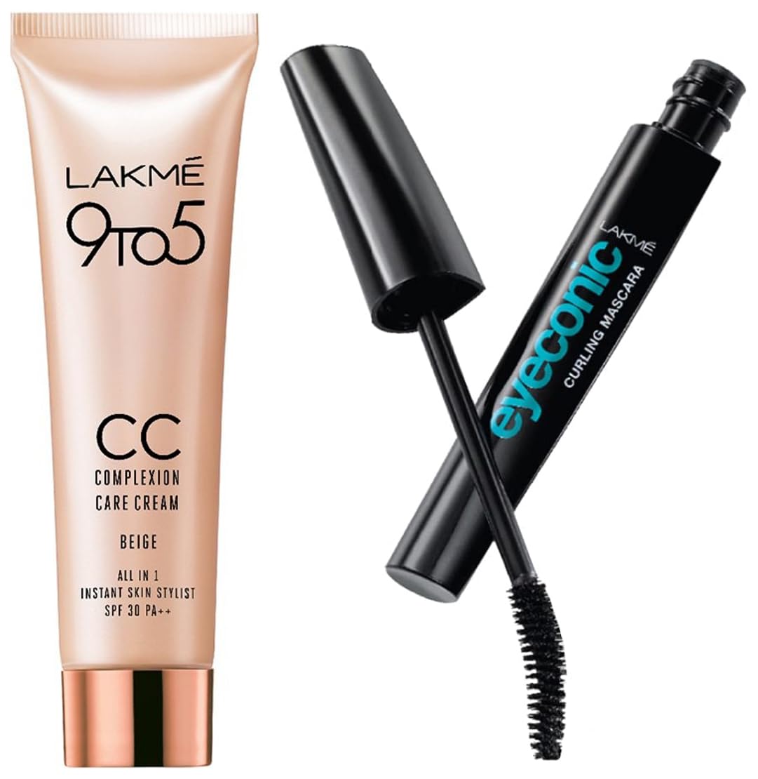 Lakme Eyeconic Curling Mascara, Black 9 ml & Lakme 9 to 5 CC Cream Mini, 01-9 g