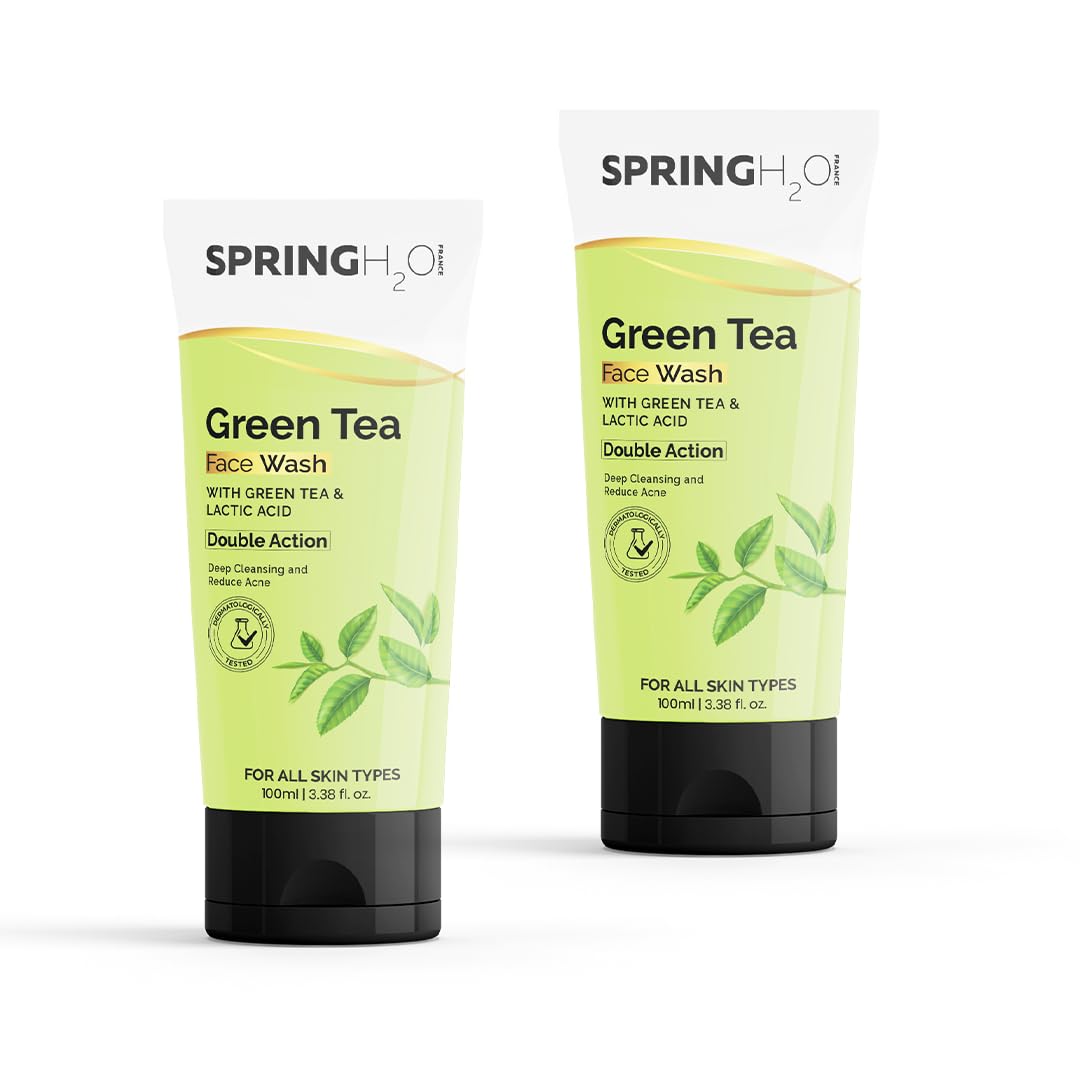 SPRING H2O Green Tea Face Wash | Deep Cleansing & Acne Control with Hydrating Formula | Refreshing Gel Cleanser for All Skin Types 100ml | Pack of 2