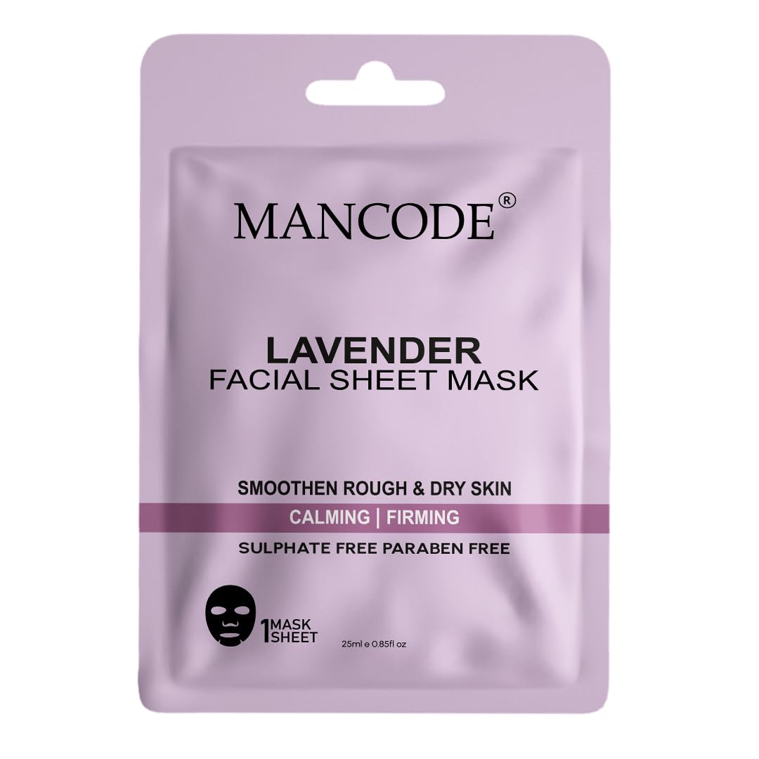 Mancode Lavender Facial Sheet Mask 25ml Promotes Soft and Smooth Skin Firming Cleansing Pore Reducing Brightening and Enhances Daily Glow Korean Sheet Mask for Men Women Sheet Mask Set Combo Pack of 5