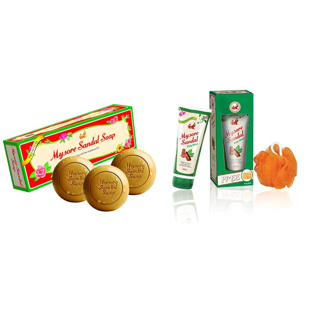 Mysore Sandal Soap, 450g (150x3) (Pack Of 3) & Body Wash, 200ml With Free Loofah