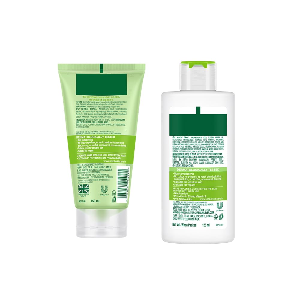 Simple Kind To Skin Refreshing Facial Wash 150 Ml & Hydrating Light Moisturiser| Face Cream for All Skin Types|125 ml