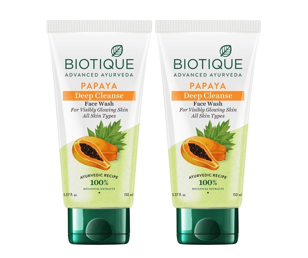 Biotique Papaya Deep Cleanse Face Wash | Gentle Exfoliation | Visibly Glowing Skin | 100% Botanical Extracts| Suitable for All Skin Types | 2x150ml