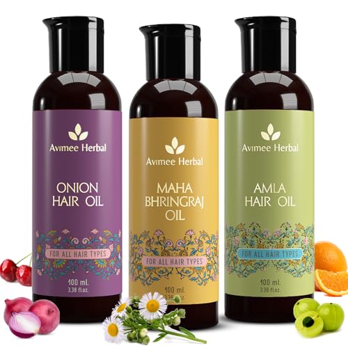 Avimee Herbal Hair Oil Combo | Pack of 3 | Onion Oil, Bhringraj Oil & Amla Oil | For Hair Growth, Hair Fall Control & Scalp Care | 3 x 100ml
