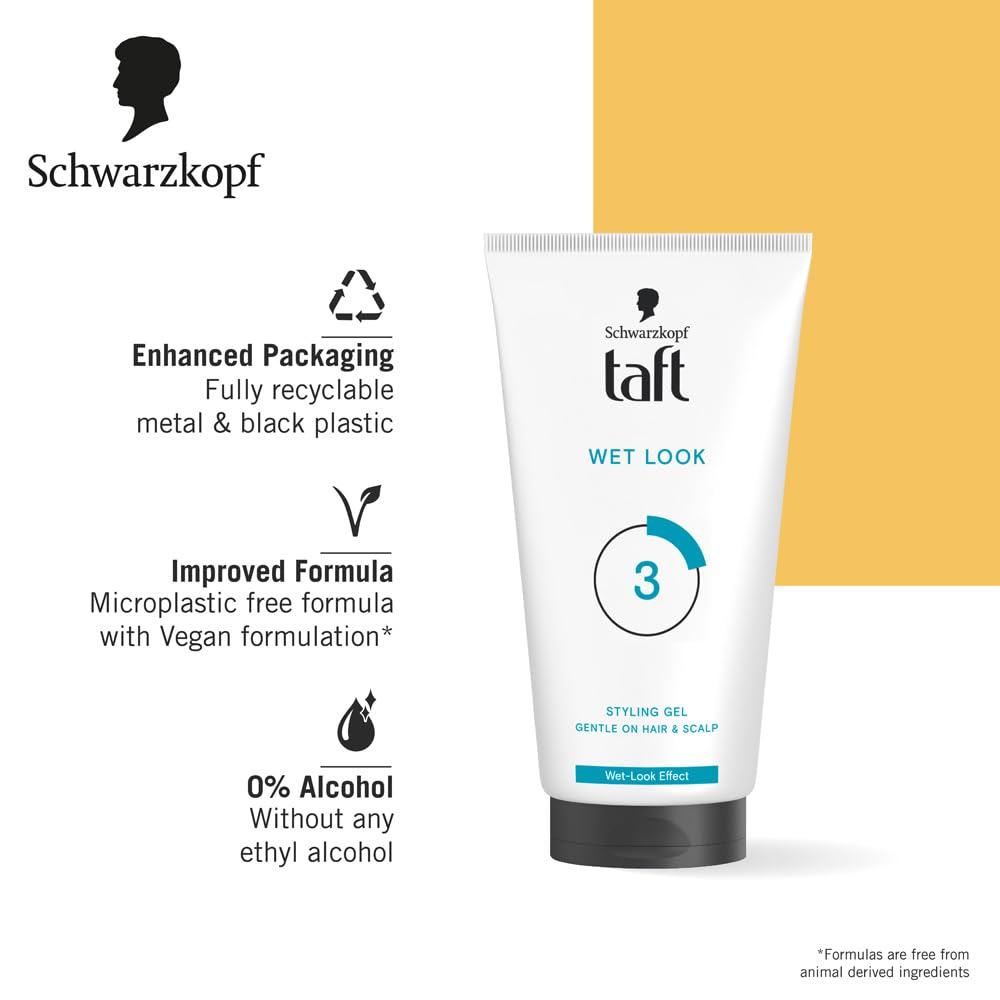 Schwarzkopf TAFT Wet Hair Styling Gel For 24 Hours Shiny Wet Look Effect Hold 3 With Moisturising Formula, Non-Sticky And Easy to Wash Off, No Alcohol, No Sulphate, Vegan And Peta Approved - 150ML