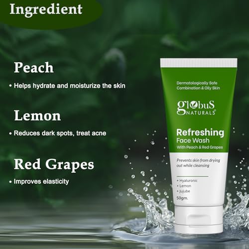 Globus Naturals Refreshing Face Wash with Peach & Red Grapes, For anti aging and moisturising, Suitable for Combination & Oily Skin 50gm, Set of 3